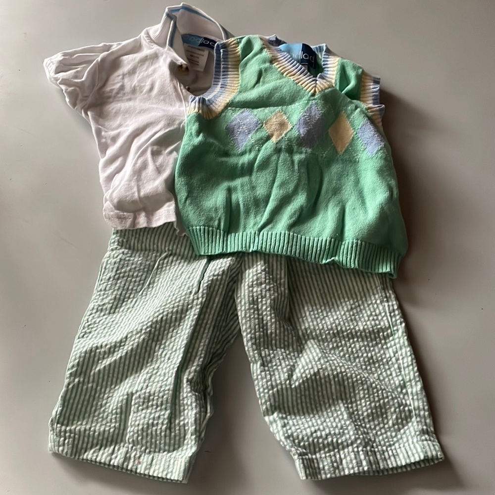 Goodlad vest, white polo and green striped pants set size 6/9mo wore 1 time